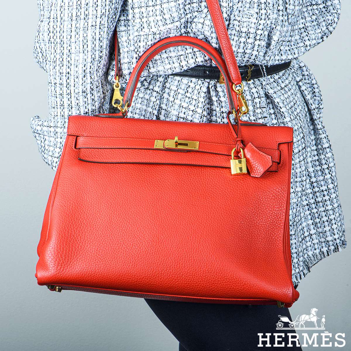 Hermès Kelly 35cm Clemence Rogue Tomate GHW